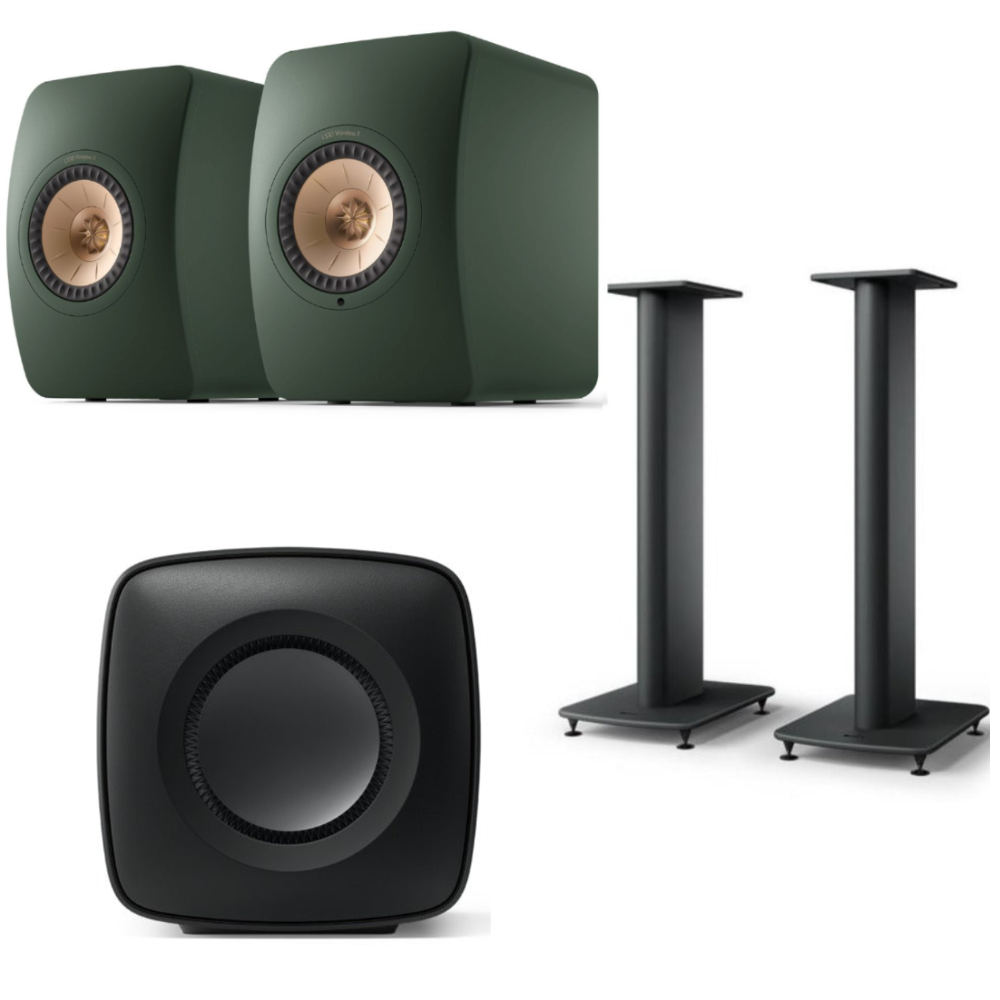 KEF LS50 Wireless II Speakers, KC Subwoofer and S2 Floor Stands