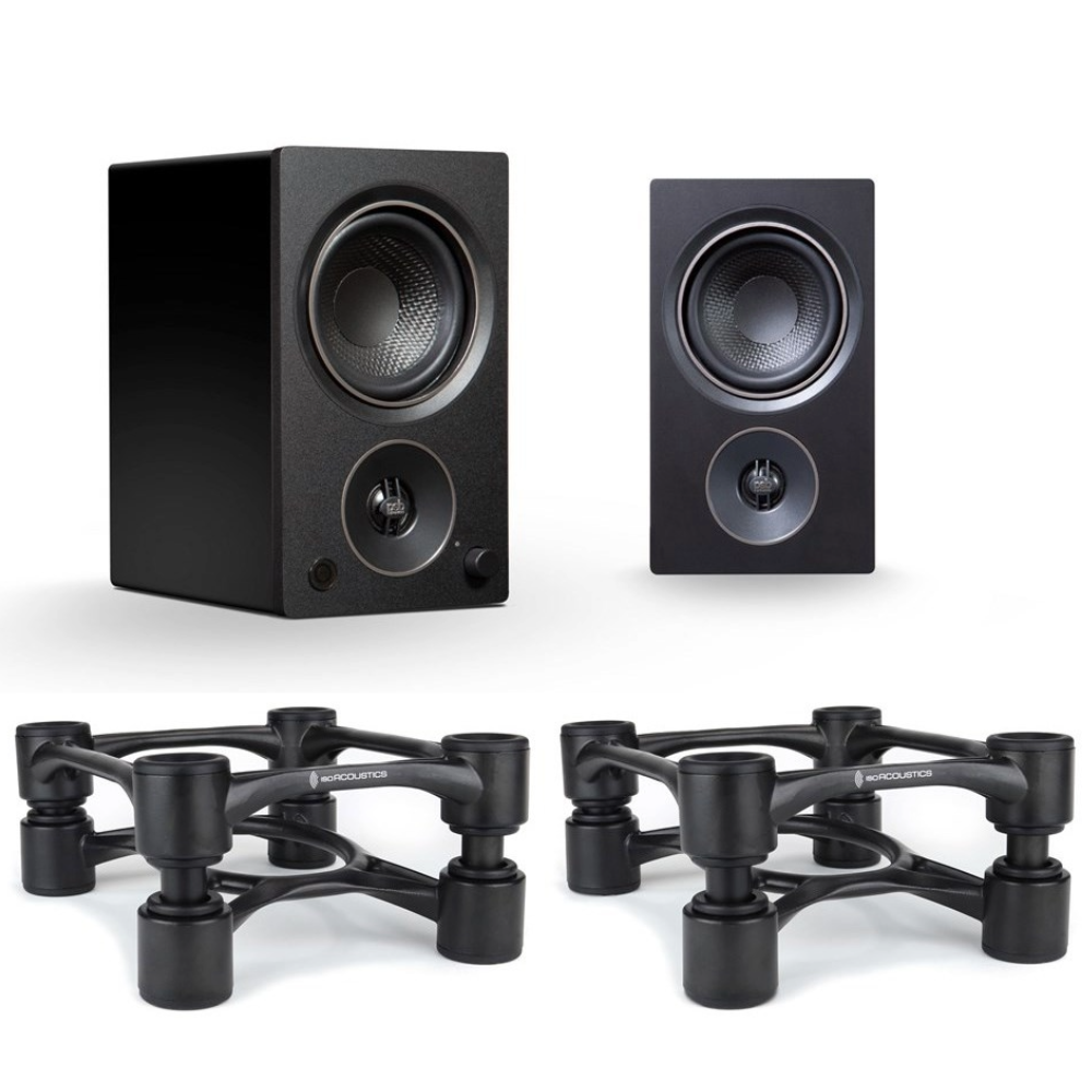 PSB | Alpha AM3 Compact Powered Speakers with Isoacoustics Aperta 100 Stand bundle | Australia Hi Fi1